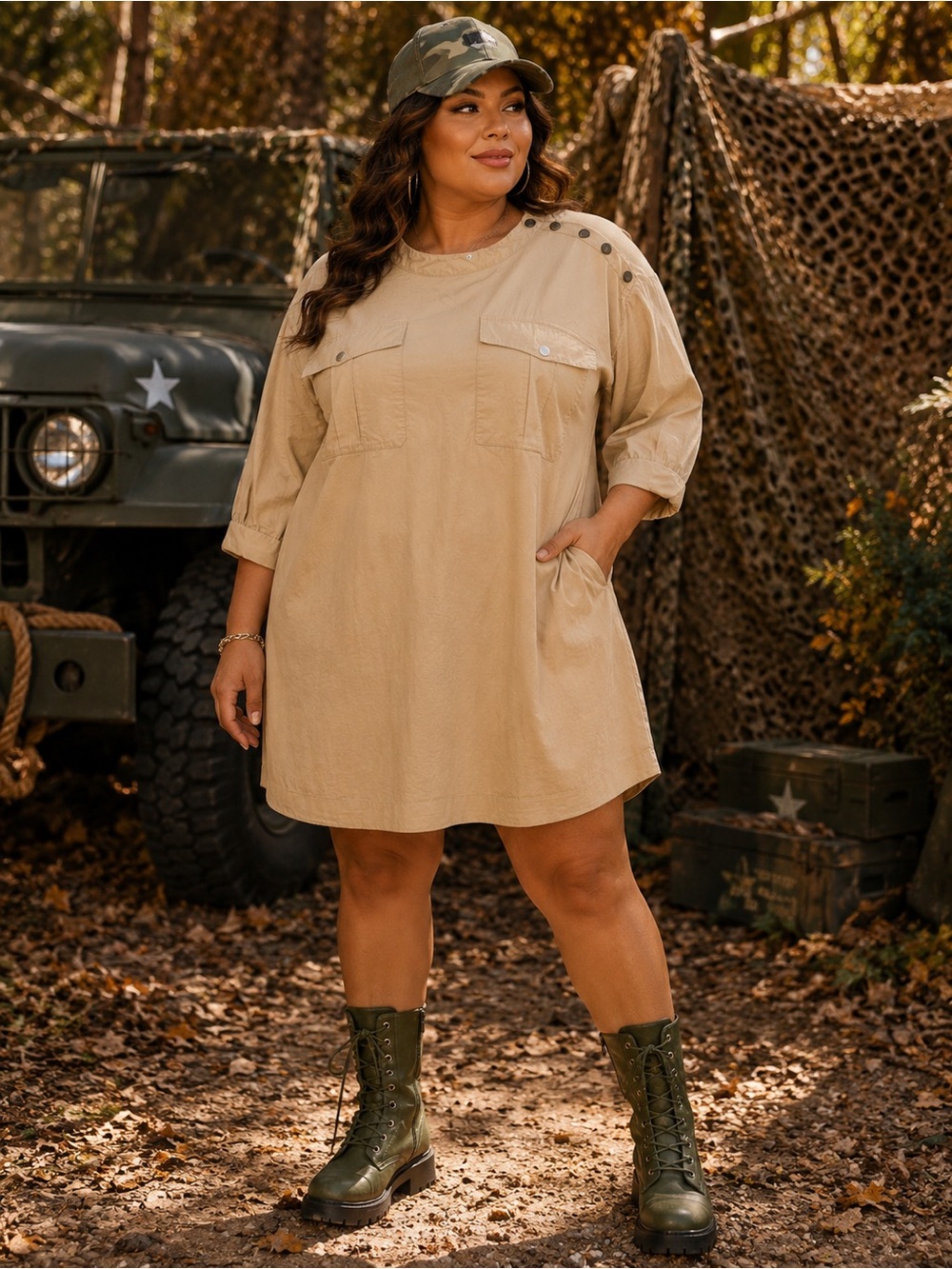 Eloquii Utility Dress in Beige Army Military with Silver Buttons Curvy Dress